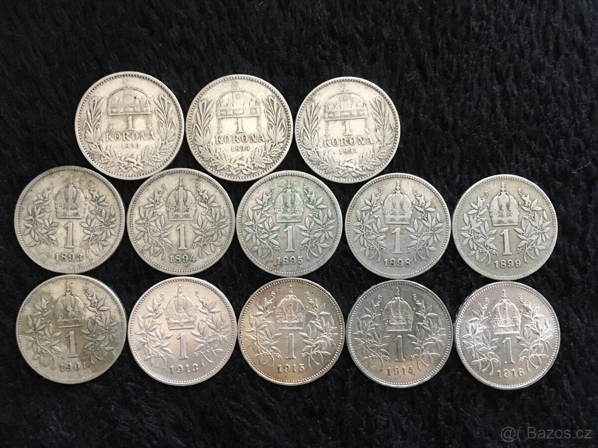 13 kusů 1 korun Rakousko Uhersko, každá mince jiná