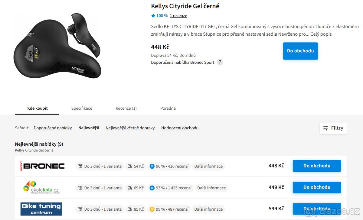 Sedlo na kolo - Kellys Cityride Gel (černé)
