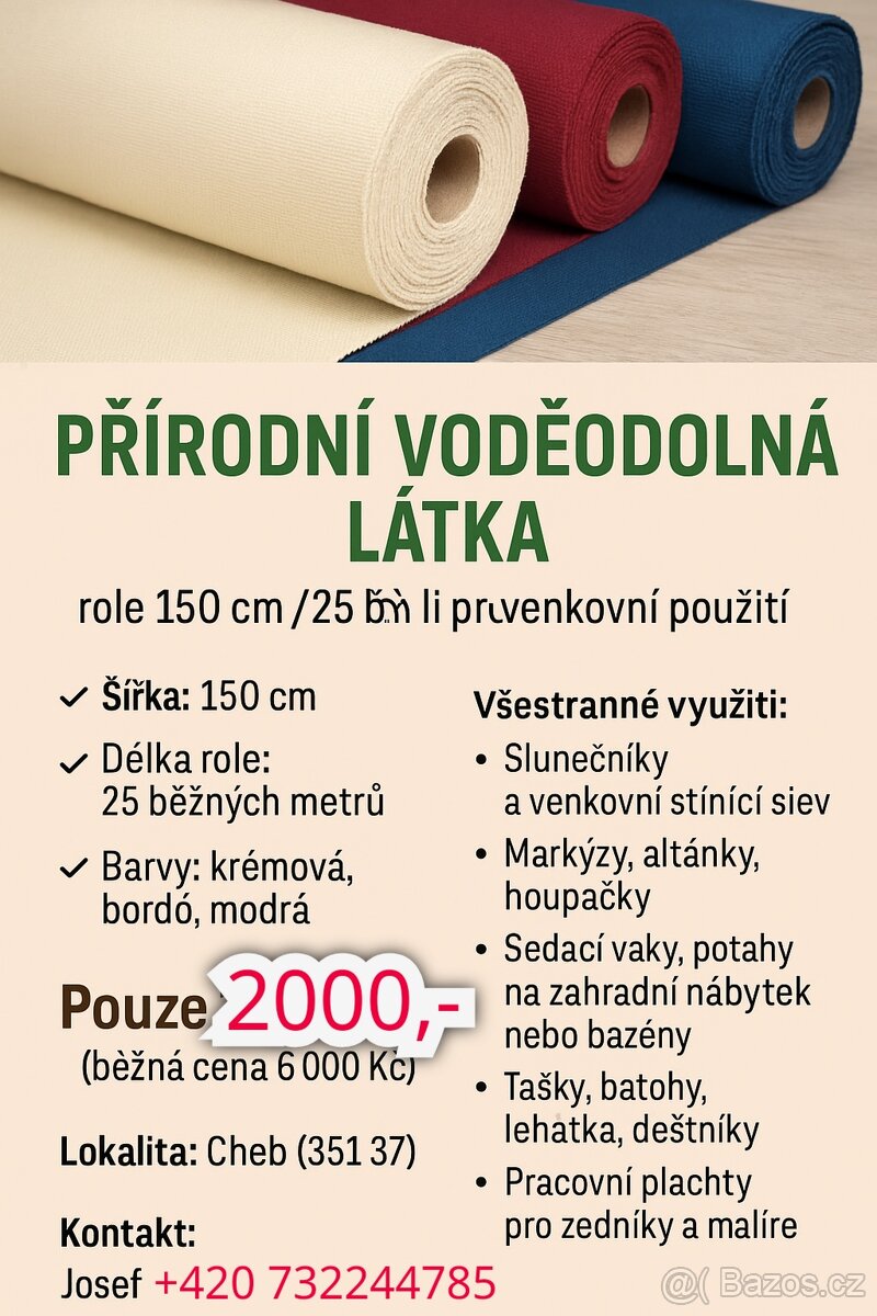 Přírodní odolná látka role 150cm/ 25 bm