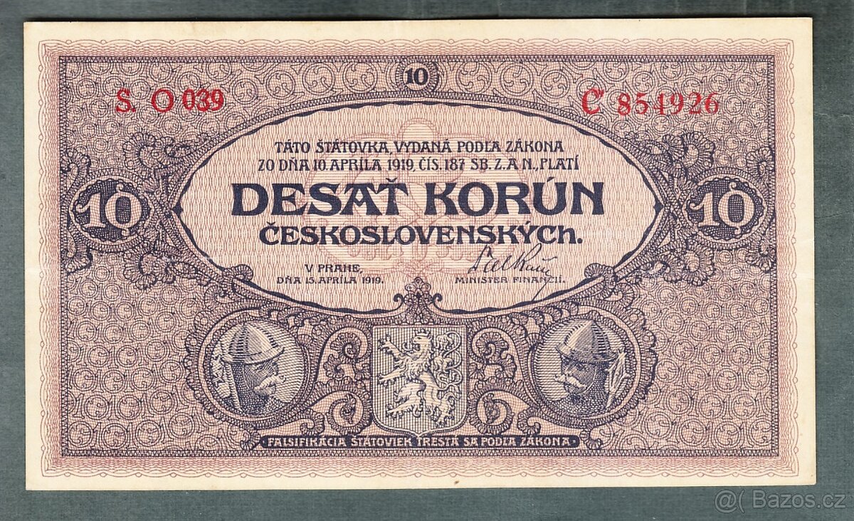Staré bankovky 10 korun 1919 pěkný stav