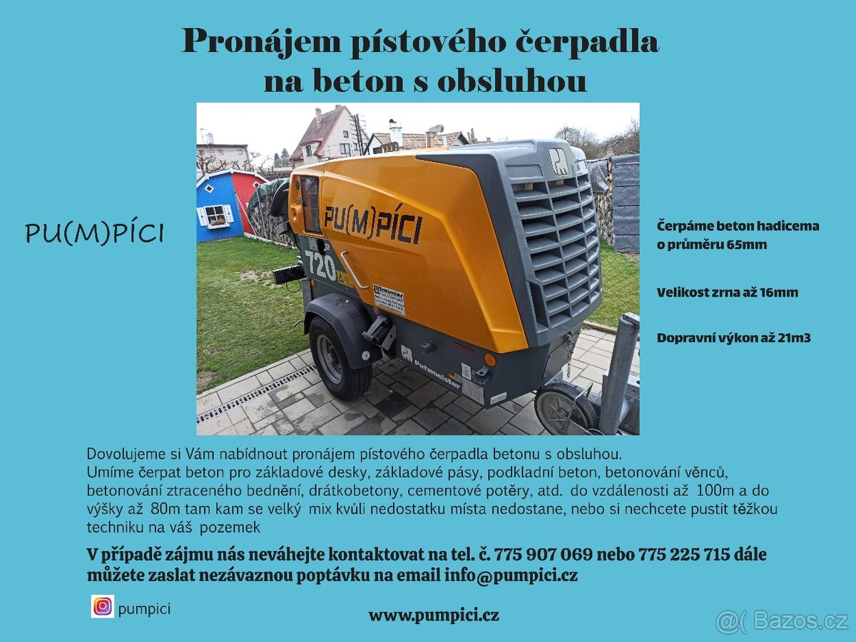 Čerpání betonu/Pronájem pístového čerpadla s obsluhou
