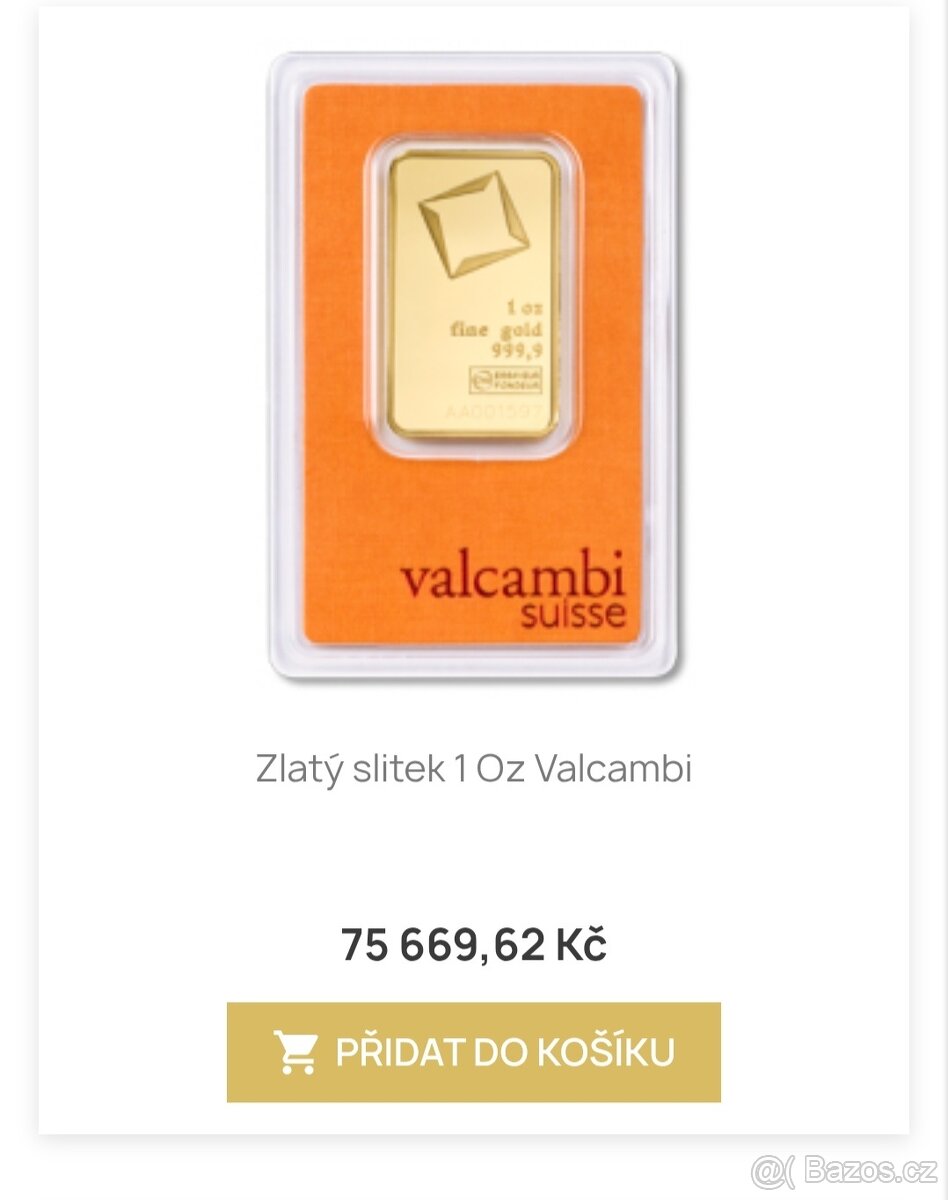 Zlatý Slitek 1oz Valcambi již pod cenou kovu zlata