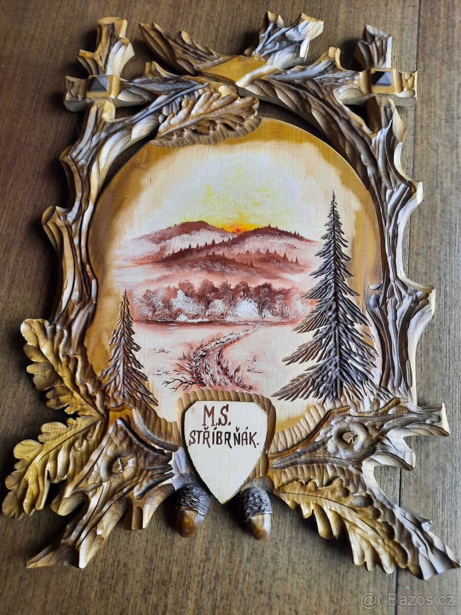 obraz myslivecký vyřezávaný, malovaný 65x45x2,5 cm
