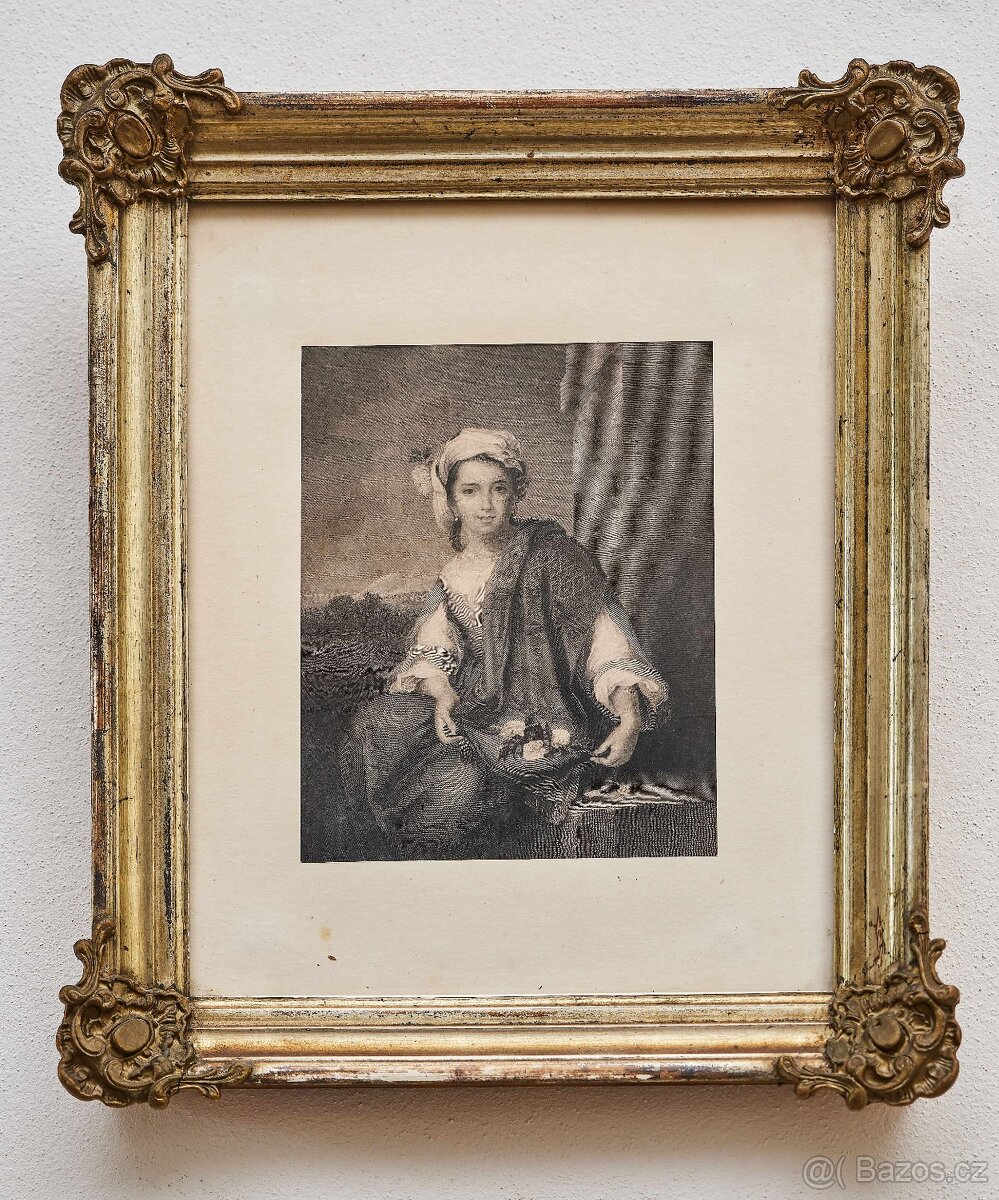 Grafika „Květinářka” z 19. století v krásném rámu