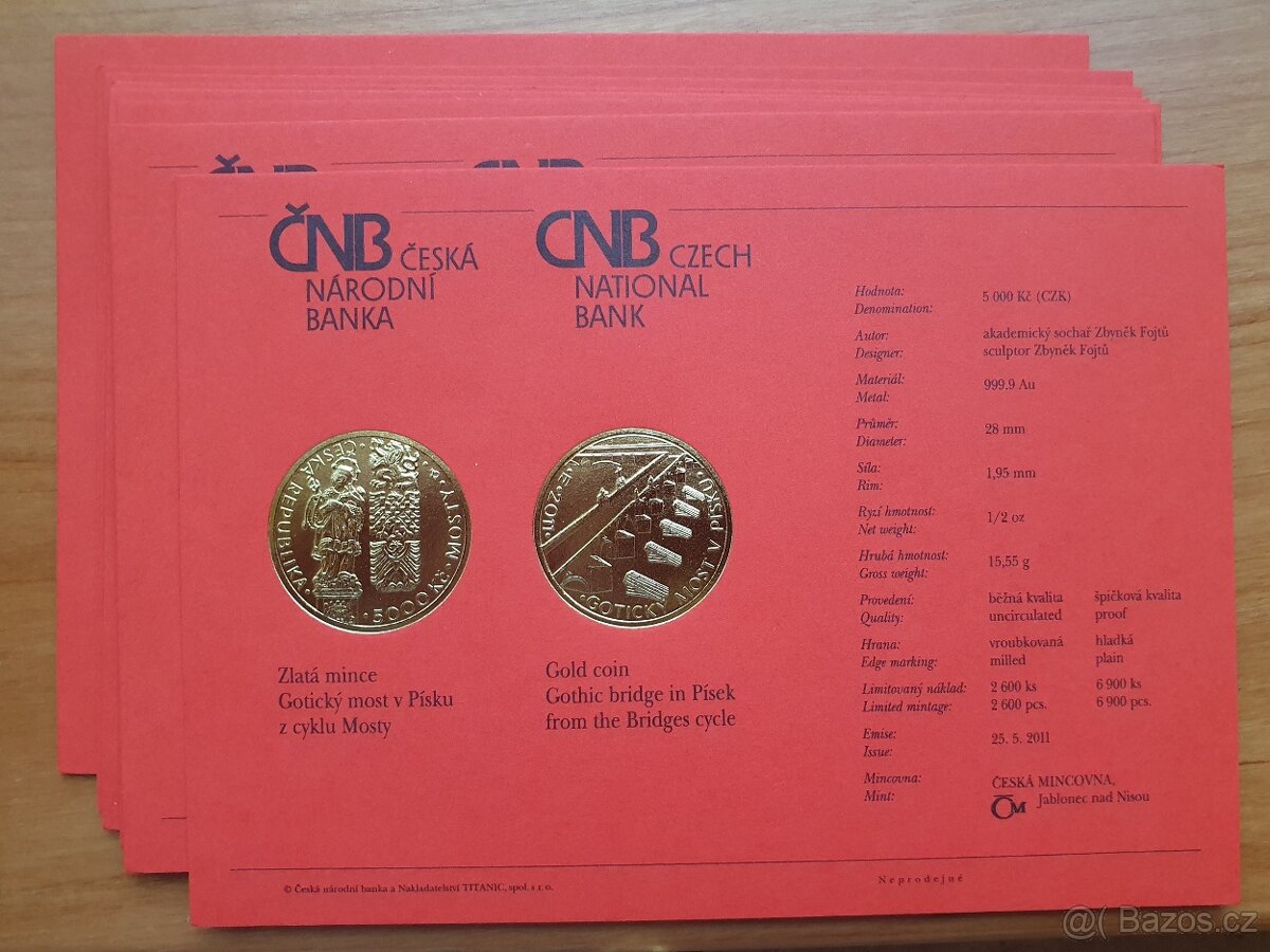 Zlatá mince ČNB most ve Stříbře BK - nebo Písku