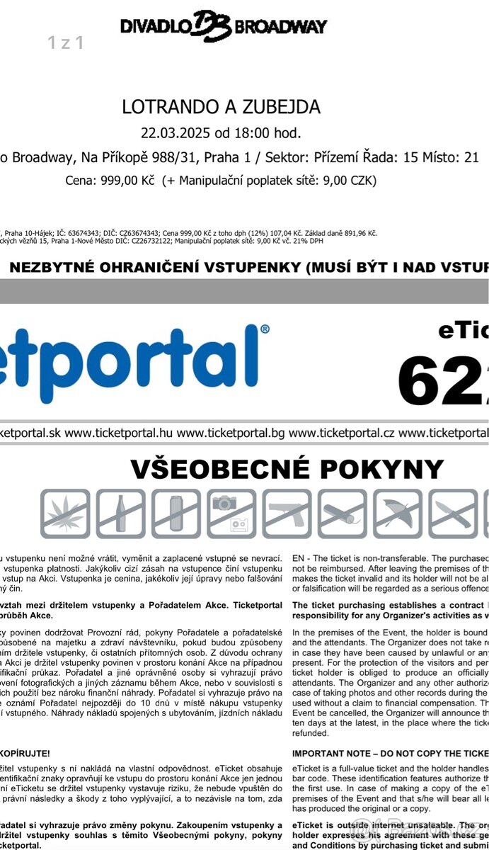 Prodám 2 lístky na muzikál Lotrando a Zubejda