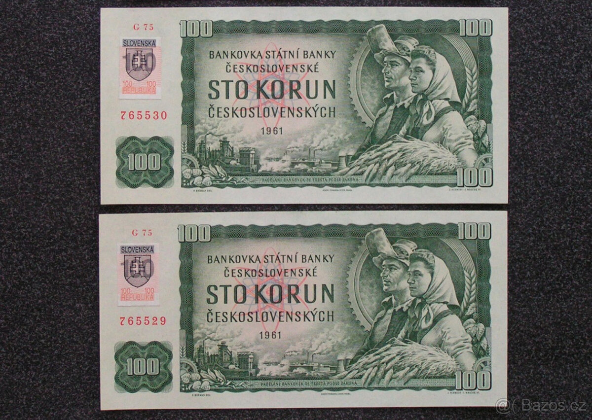 2 x 100 Kčs 1961 s čísly po sobě