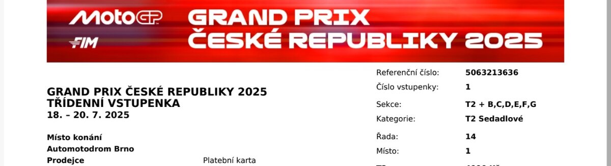 Třídenní vstupenka na Moto GP, sedadlová tribuna T2