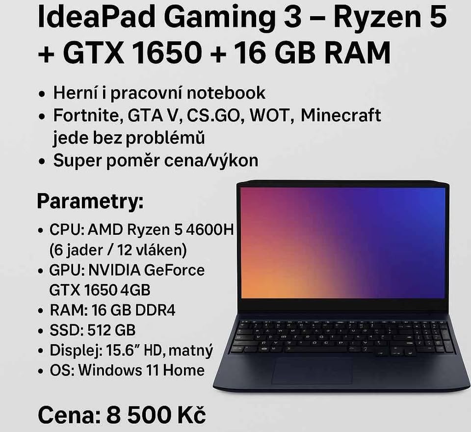 Herní notebook Lenovo IdeaPad Gaming 3 – Ryzen 5 + GTX 1650