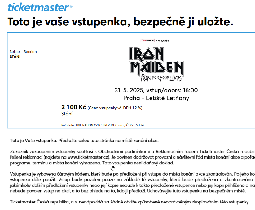 IRON MAIDEN vstupenka 31.5.2025 Praha - Letňany