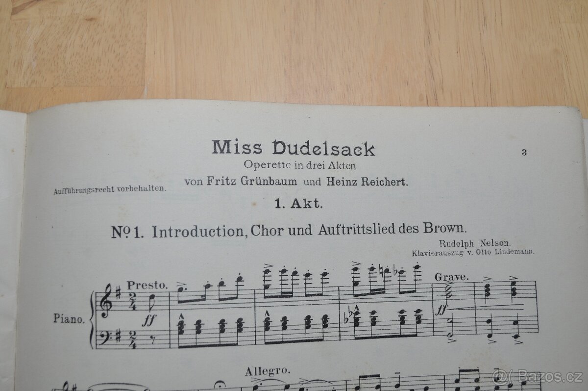 Noty pro klavír - opereta Miss Dudelsack z roku 1909