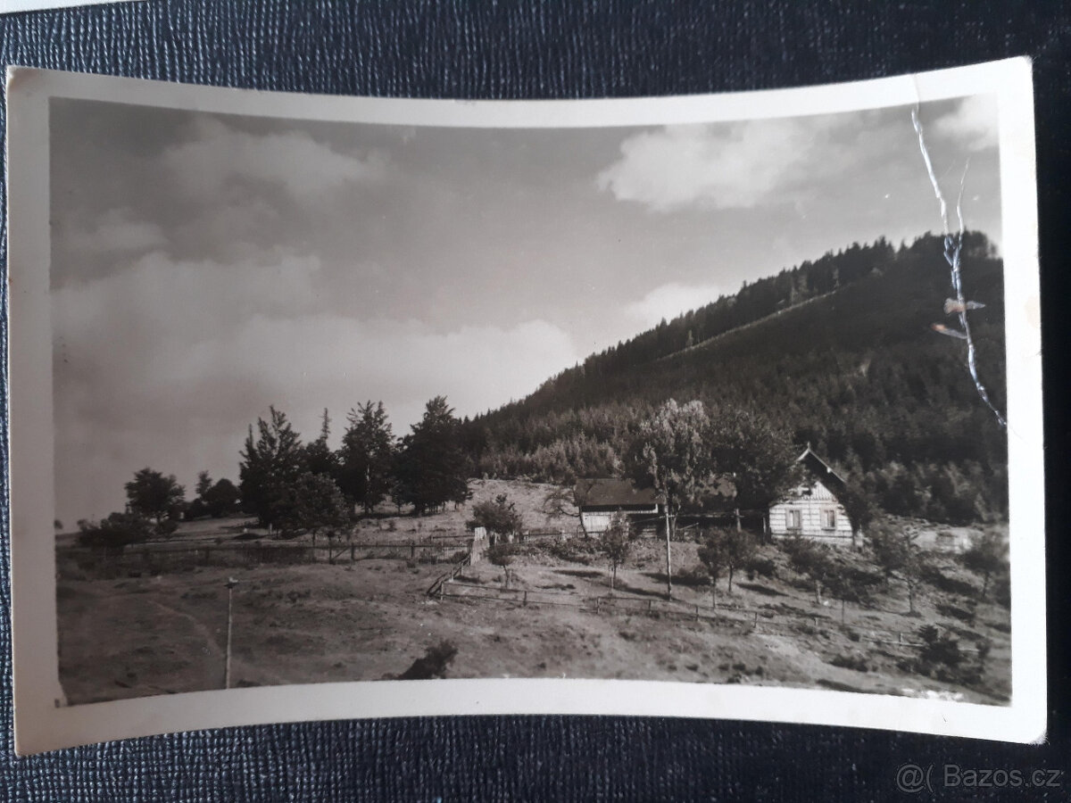 Chalupa, statek, hora, les - čb pohlednice