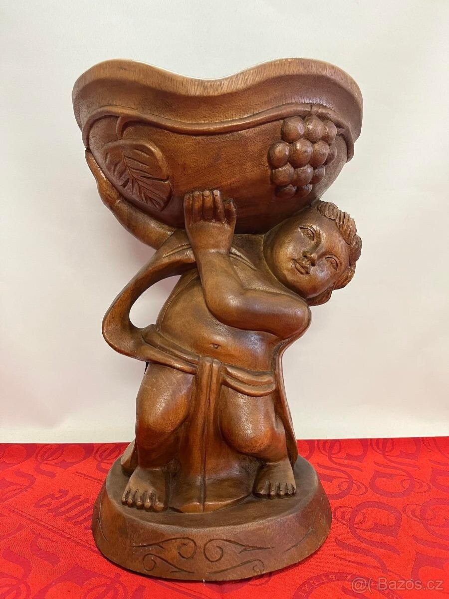 Dřevěná socha misa stojan na květiny ovoce - Indonésie, masi