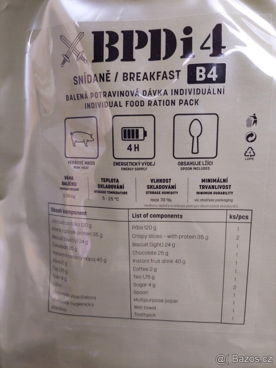 MRE vojenské jídlo AČR snídaně večeře BDP, BPDi