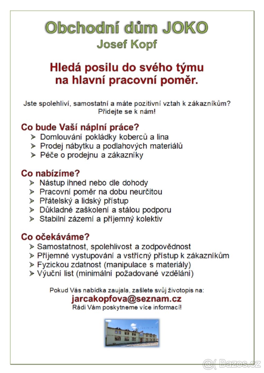 Prodavač/prodavačka do prodejny koberců