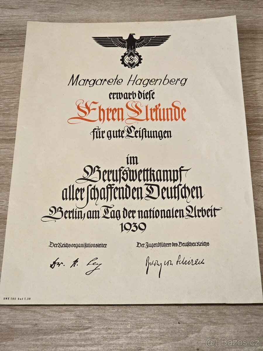 Hitlerjugend dokument na ženu 