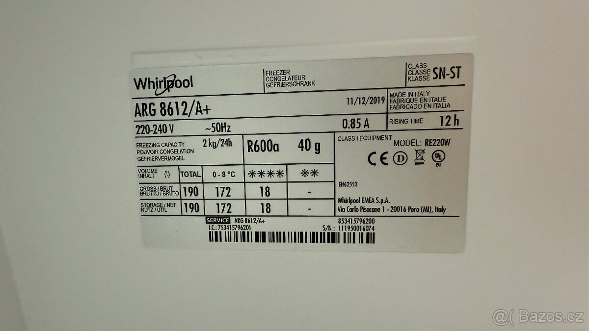 Vestavěná lednička 122cm whirlpool ARG 8612A+