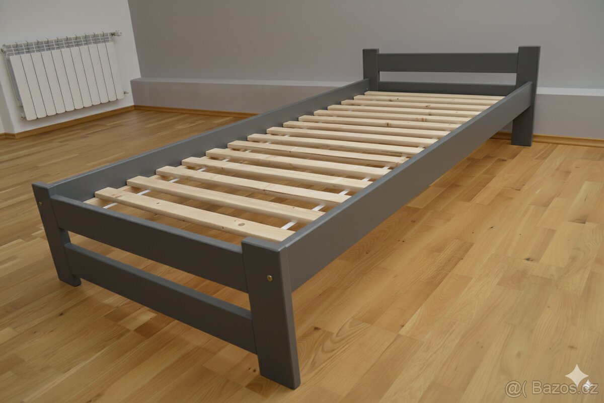 Nová postel borovice 90x200 cm šedá masiv s roštem -