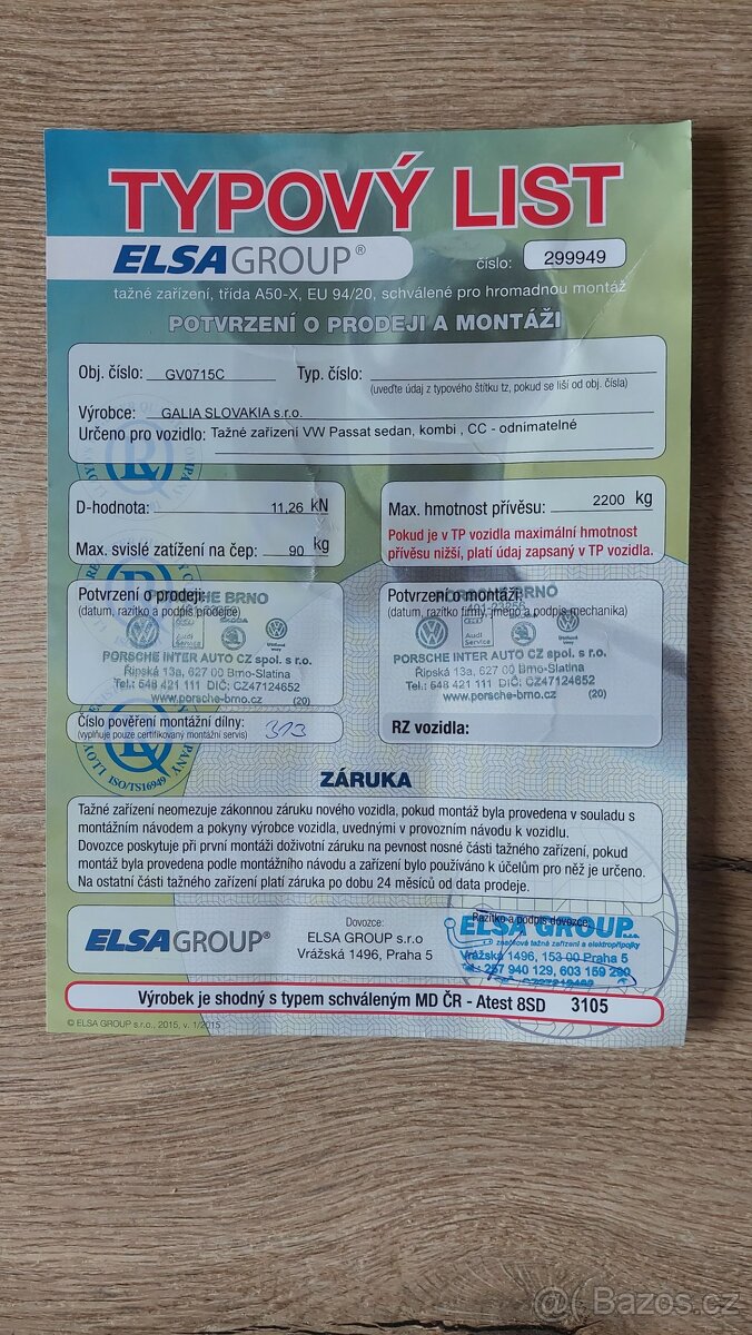 Tažné zařízení Volkswagen Passat Combi