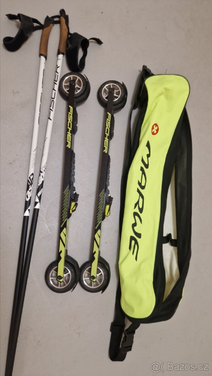 Kolečkové lyže skate Fischer + hůlky 155 cm
