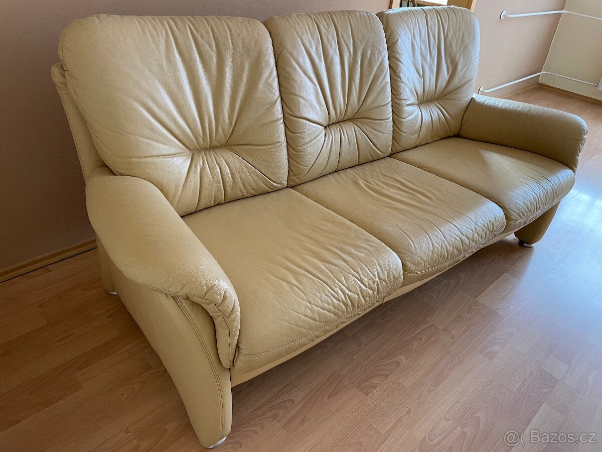 Stylový kožený 3místný béžový gauč / sedačka / pohovka