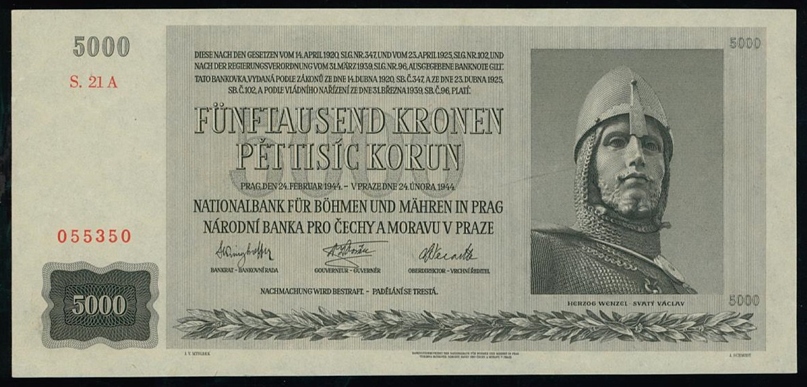 5000 K 1944, vzácná protektorátní bankovka, jako nová