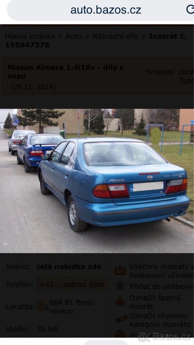 Nissan Almera 1.4i16V 64kw Spring 165tis.km - náhradní díly