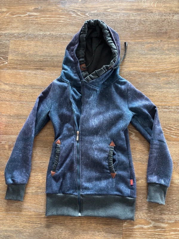 Dámská modrá delší mikina na zip s kapucí, vel. S/M