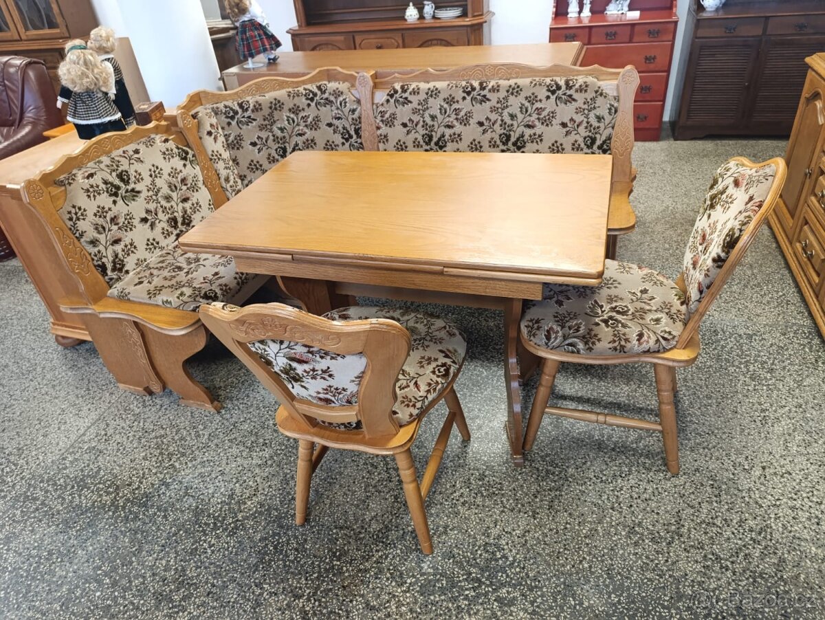 Rustikální jídelní set, stůl, 2 židle, lavice, masív