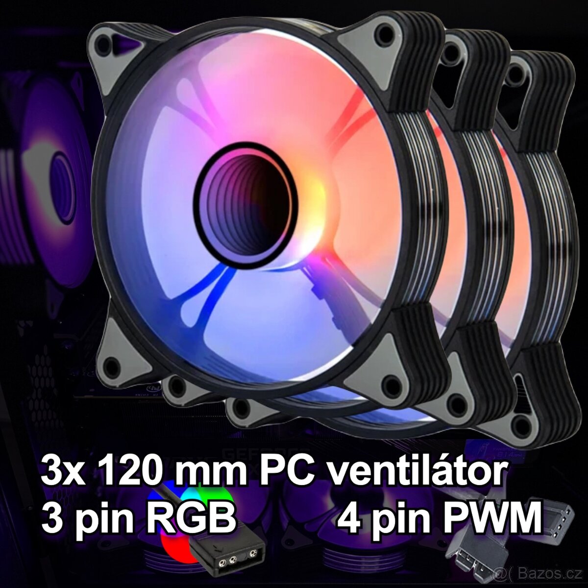 RGB PC větráček ventilátor 120mm 5V 3 pin aRGB, PWM 4pin (3x