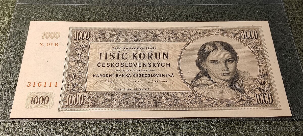 1000 k. ČSR 1945 série B 05 perforace 3 m.d. top stav