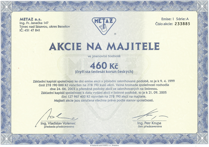 Listinná akcie původní spol. METAZ a.s. (neplatná)