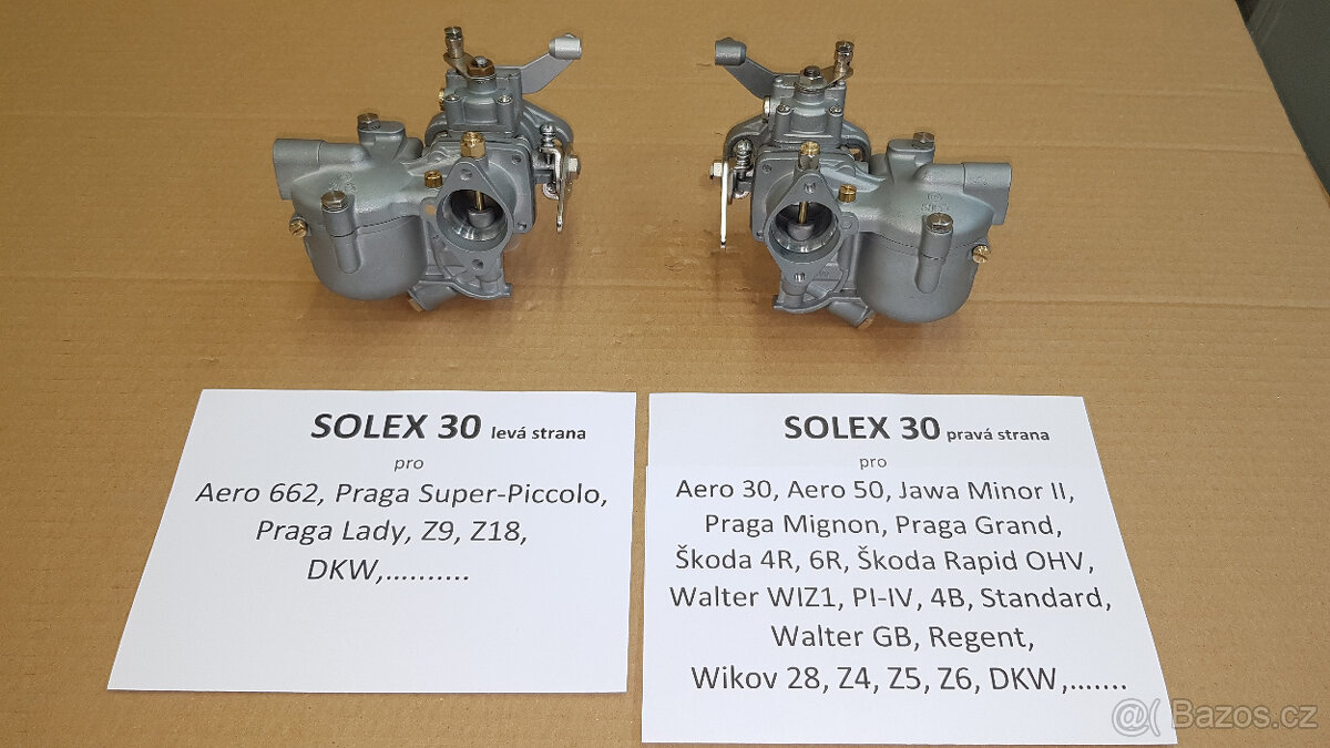 Karburátory Solex 30 po repasi na Škoda, Praga, Aero, Walter