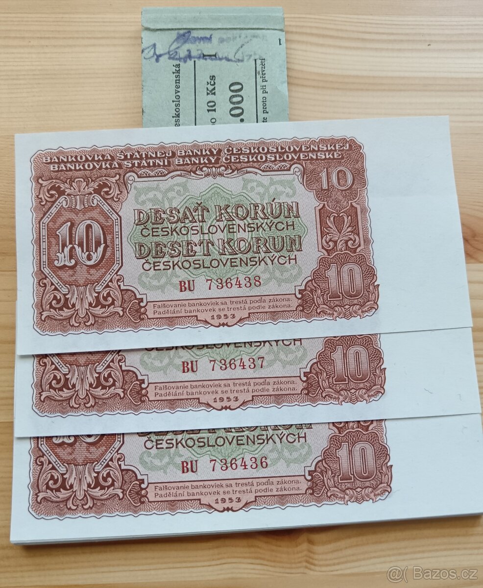 10kčs 1953 stav UNC čísla po sobě jdoucí postupka