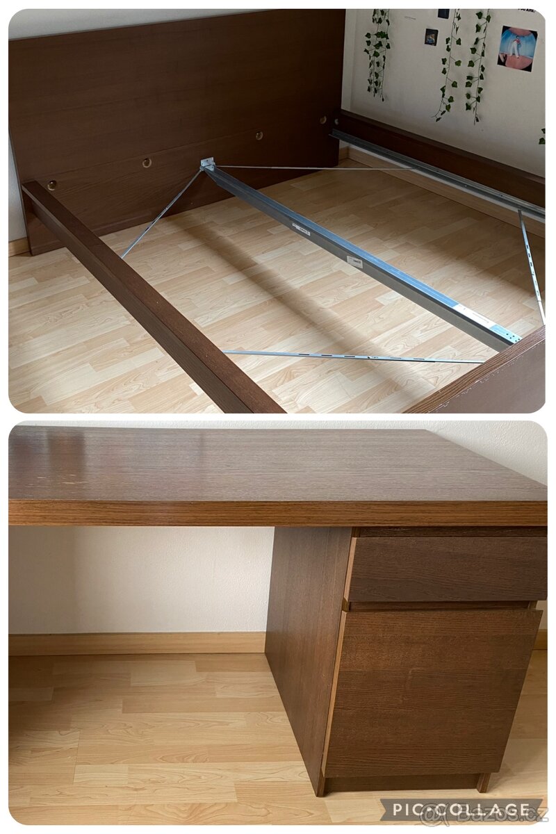 IKEA MALM - rám postele + psací stůl (tmavě hnědé provedení)