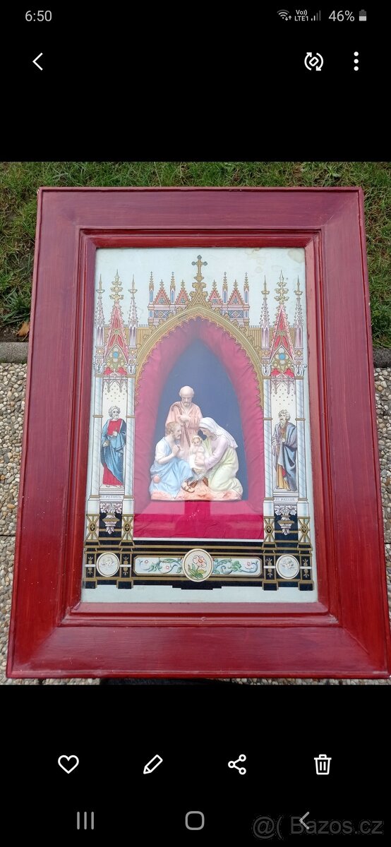 obraz se sochou svaté trojice a podmalba na skle
