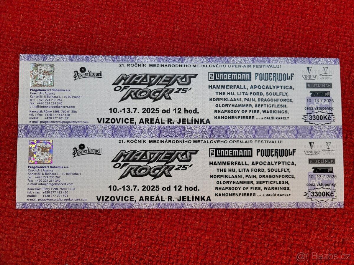 Prodám 2 klasické vstupenky na Masters of Rock. I jednotlivě