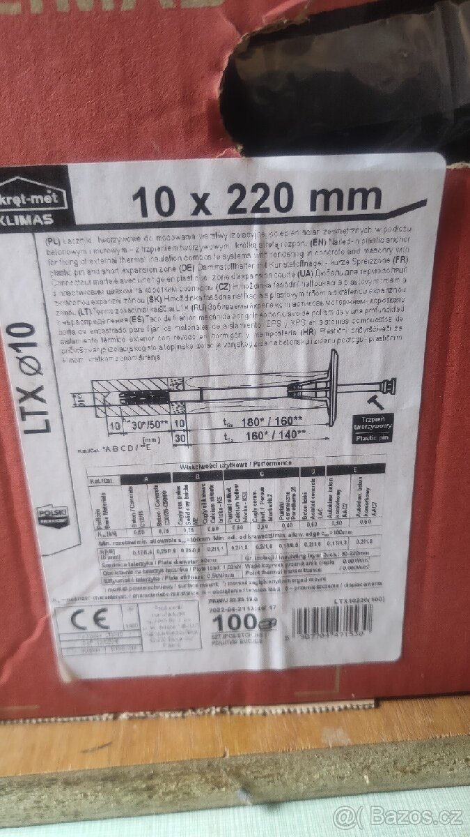 Hmoždinky talířová 10x220mm - plastový trn