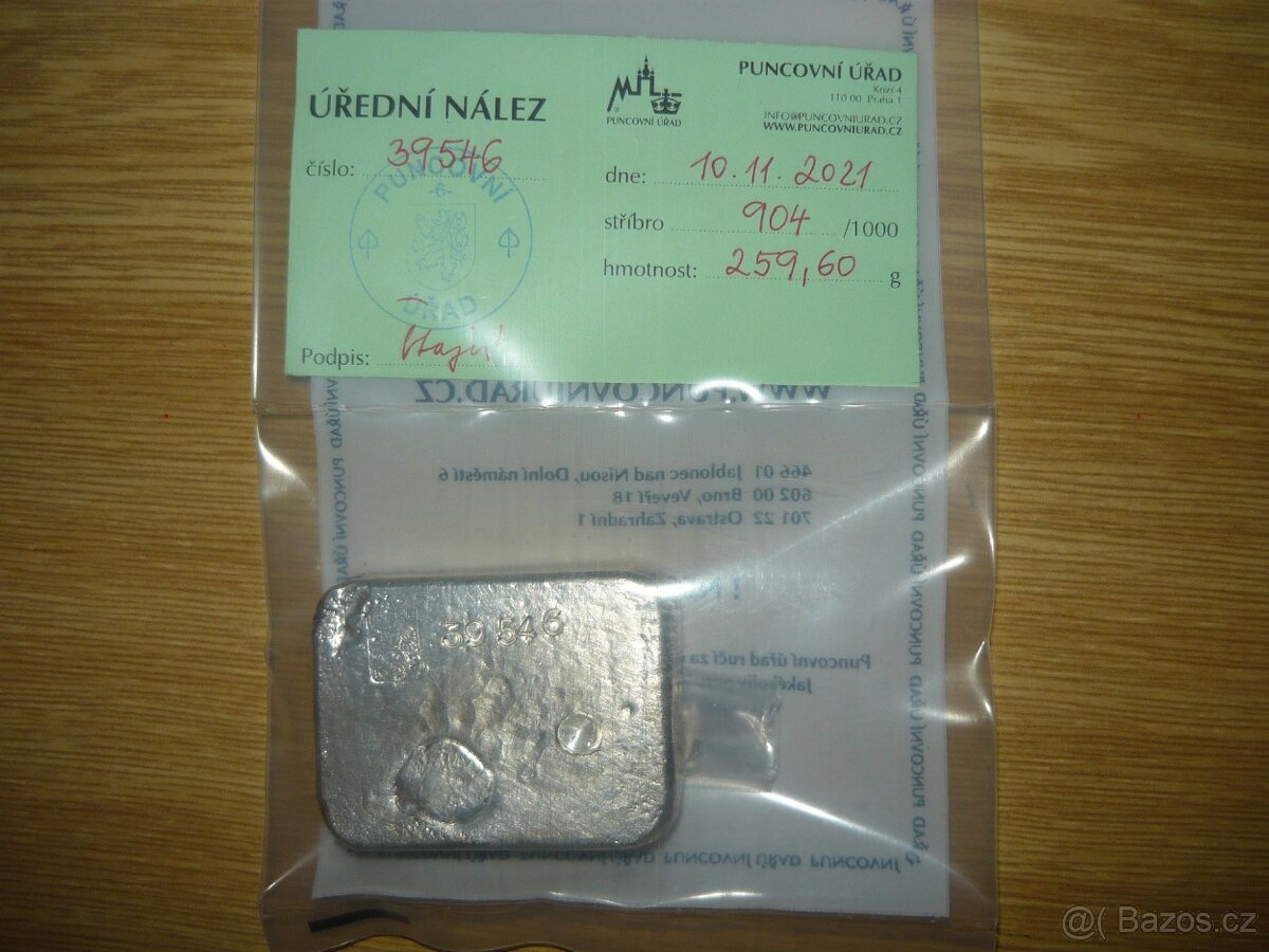 Stříbrný slitek z Puncovního úřadu,ryzost 904/1000, 259,6 g