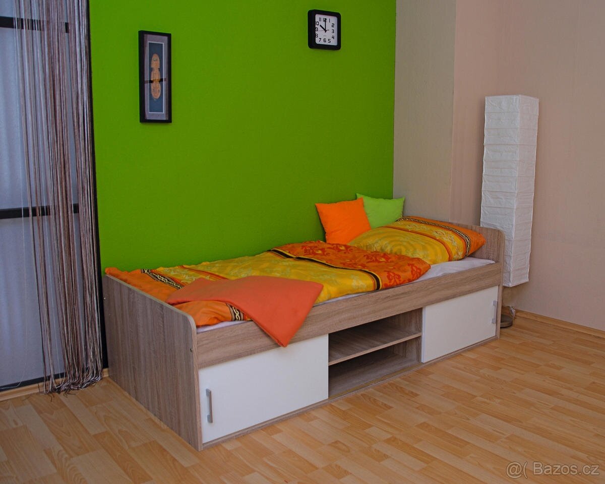 POSTEL, 90/200 cm bílá, Sonoma dub + rošt