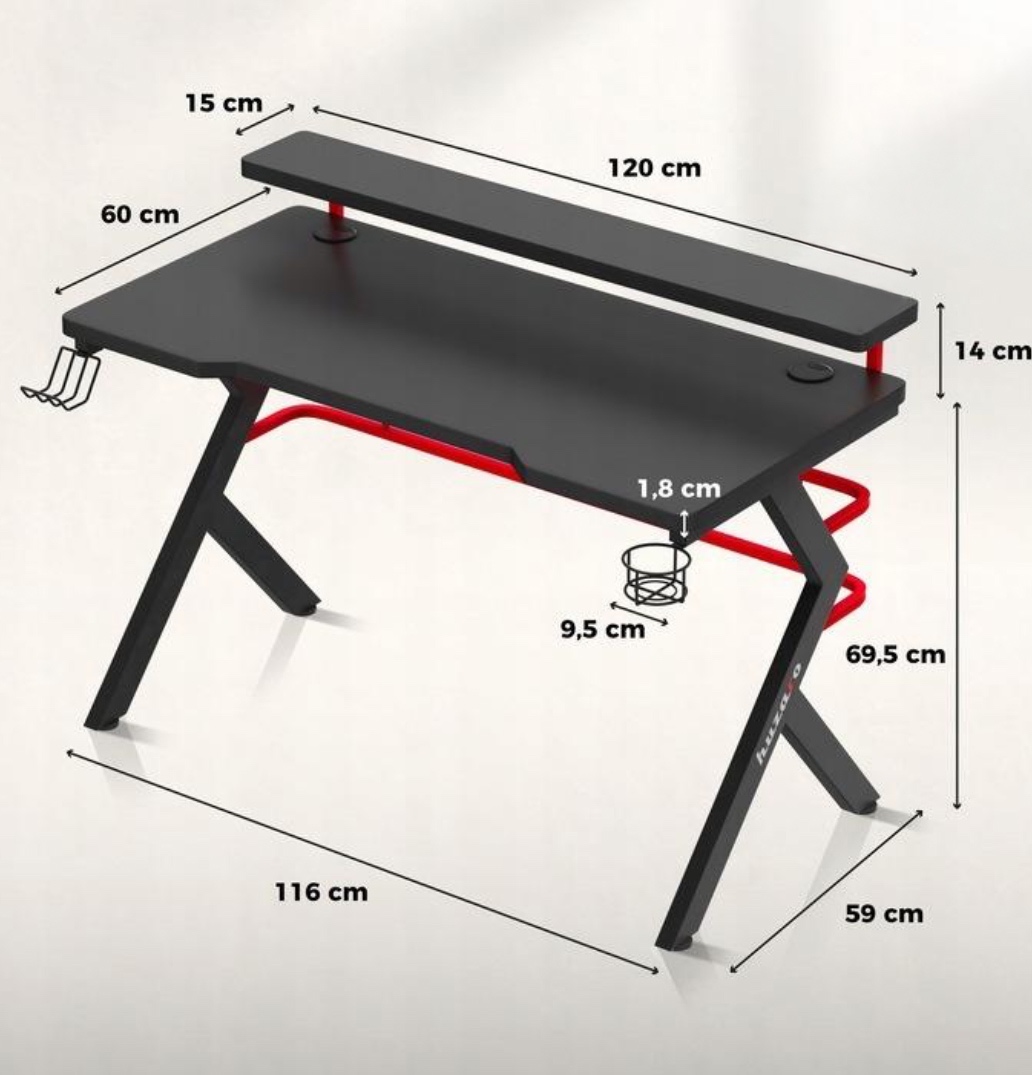 Herní/PC stůl s policí a držáky, černo-červený (120 cm)