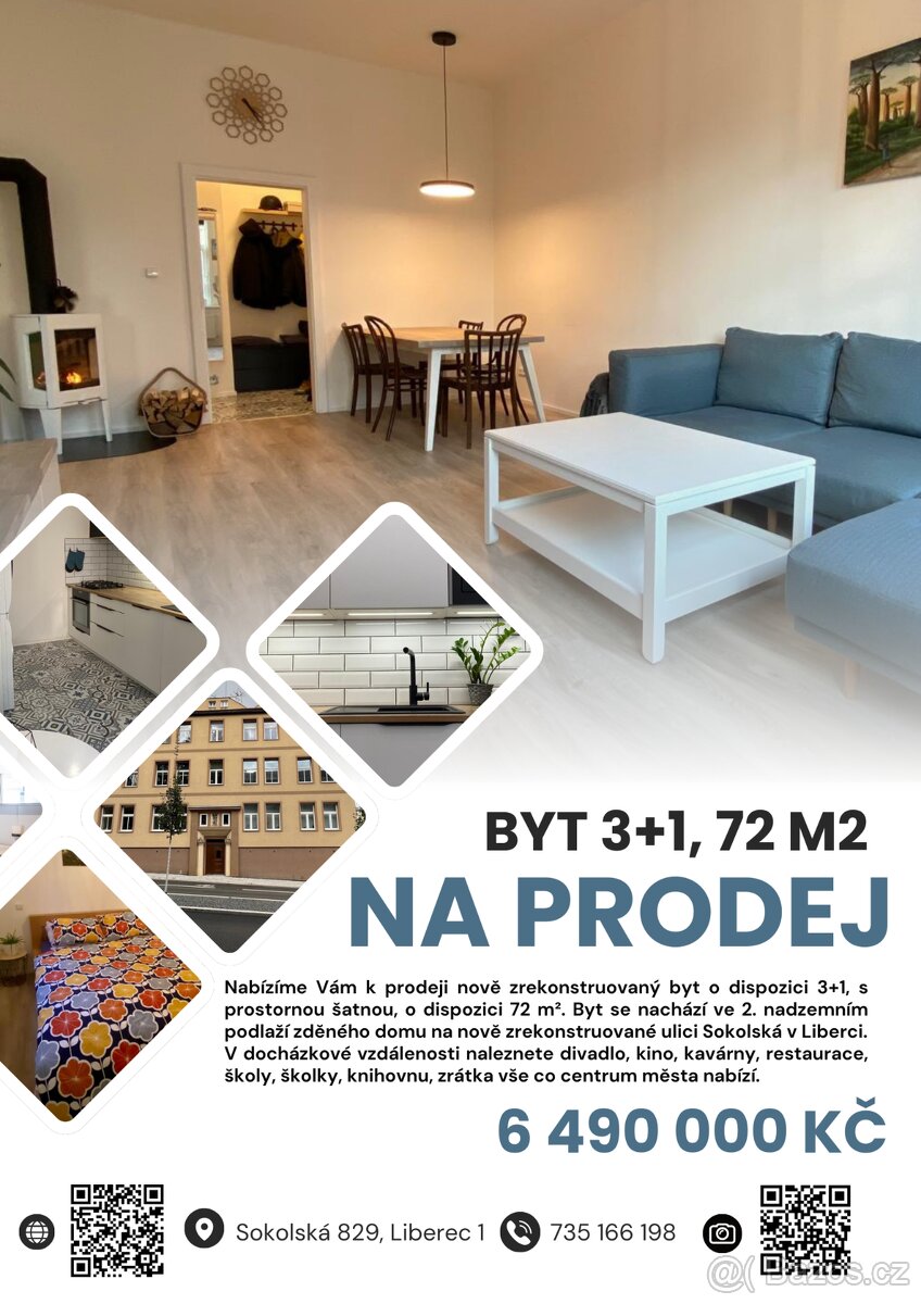 Prodej bytu 3+1 • 72 m² • Šatna • Po rekonstrukci
