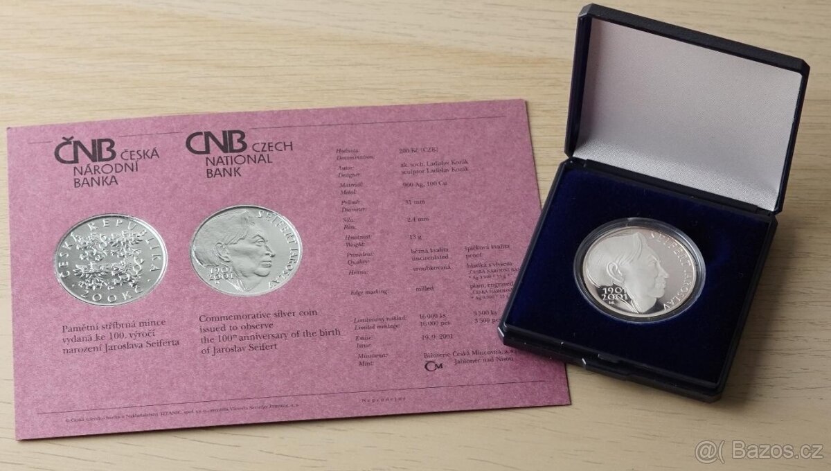 Mince 200Kč 2001 Jaroslav Seifert Proof ČNB