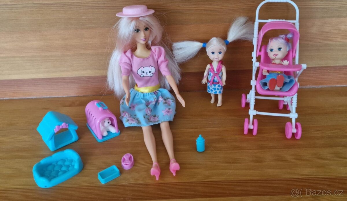 BARBIE S MIMINKY, KOČÁRKEM, PES S BOUDOU, NOVÉ, PC 800KČ