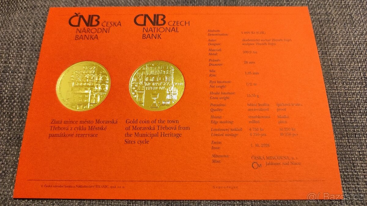 CERTIFIKÁT() k zlaté minci Moravská Třebová - ČNB