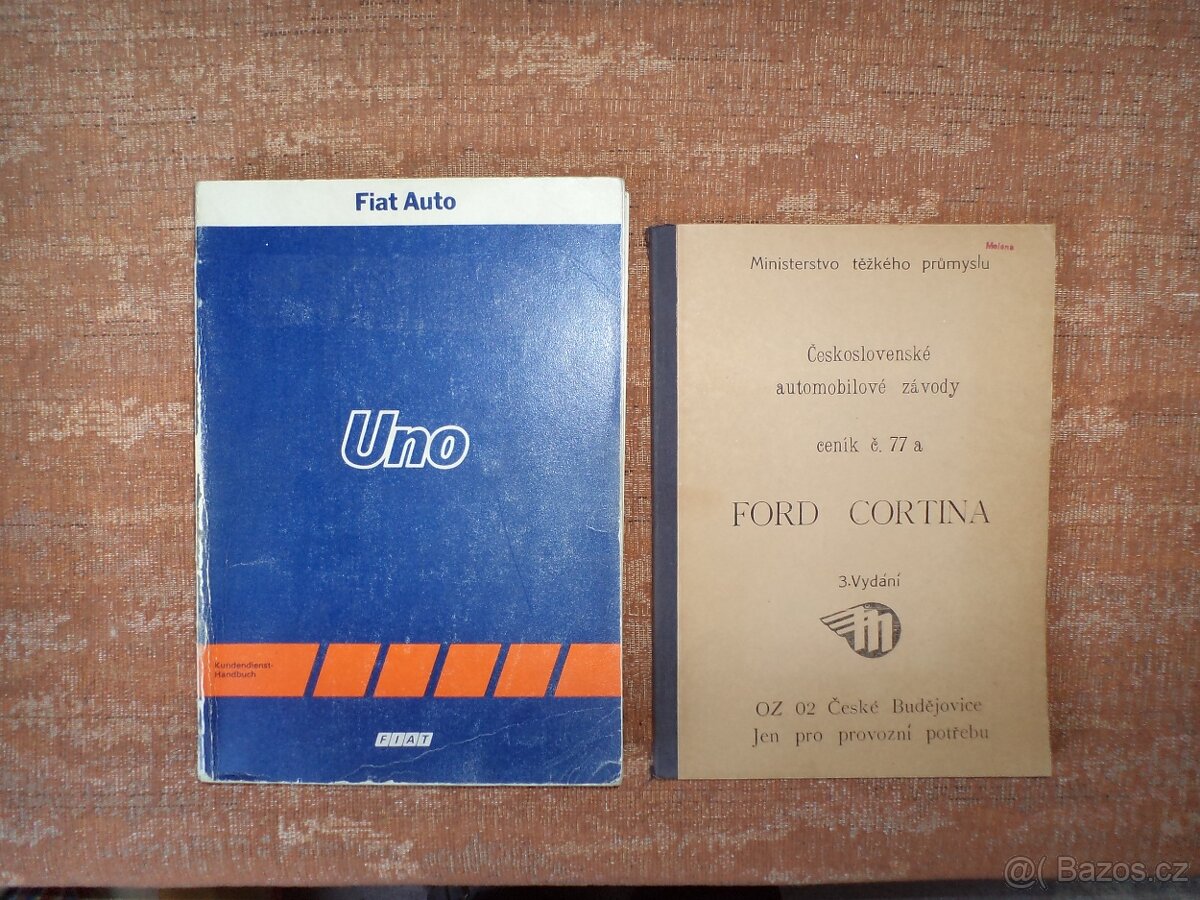 Fiat Uno – dílenská příručka; Ford Cortina – ceník ND