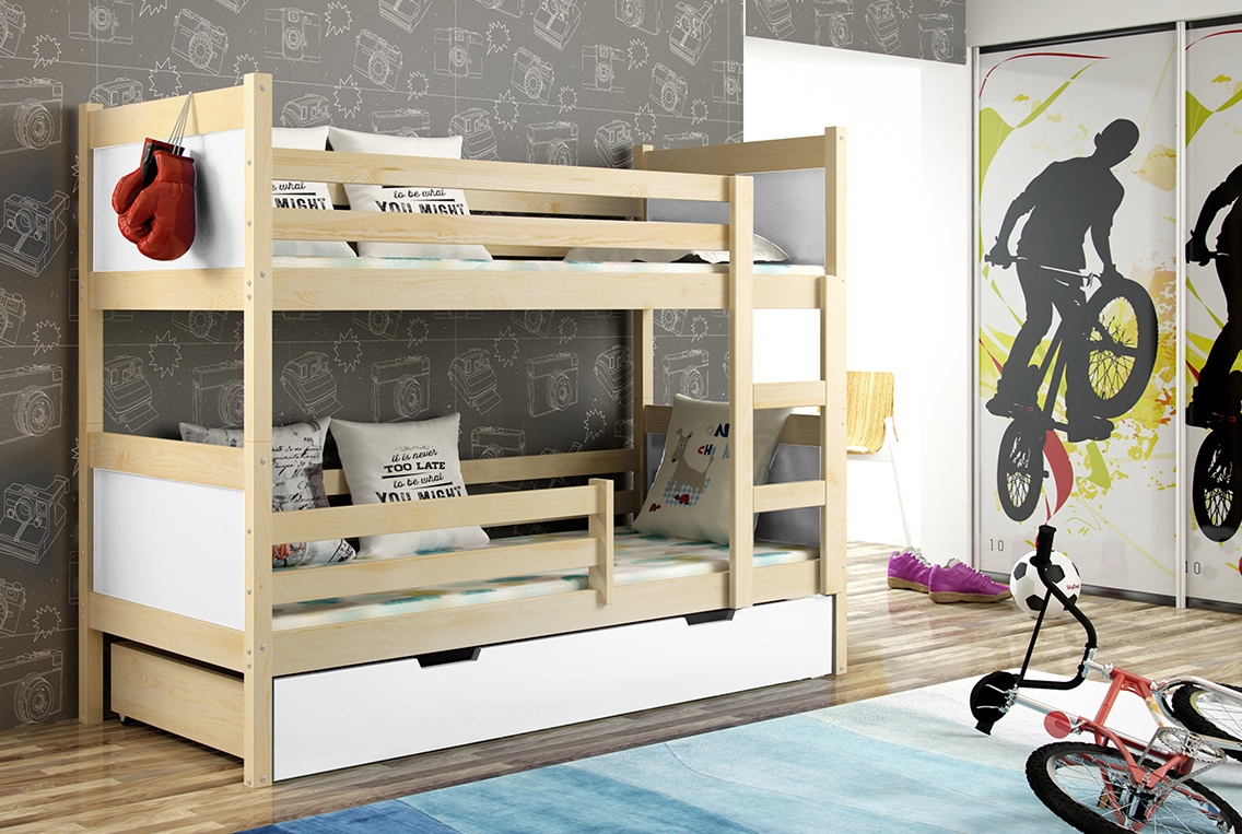 NOVÁ Patrová postel palanda borovice bílá MASIV