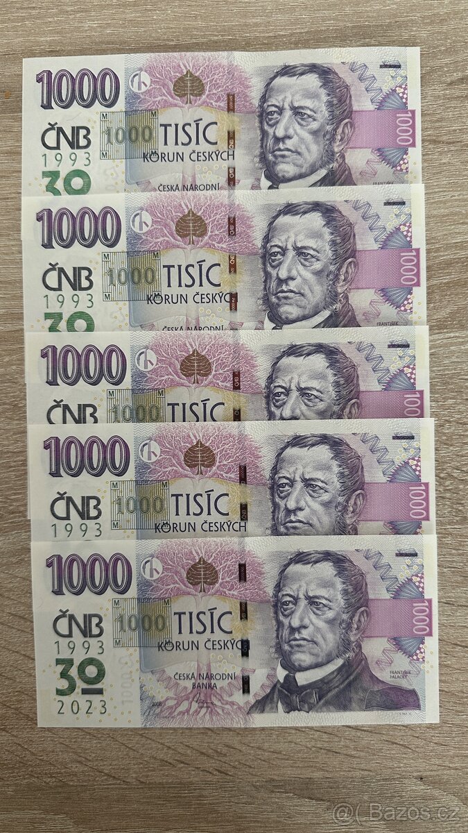 SADA 5× 1000 Kč s přítiskem ČNB, UNC, série M16, POSTUPKA