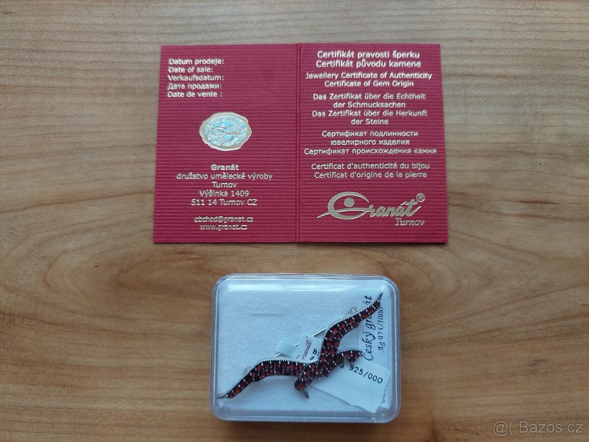 Nový šperk český granát a stříbro, brož unisex pánská dámská