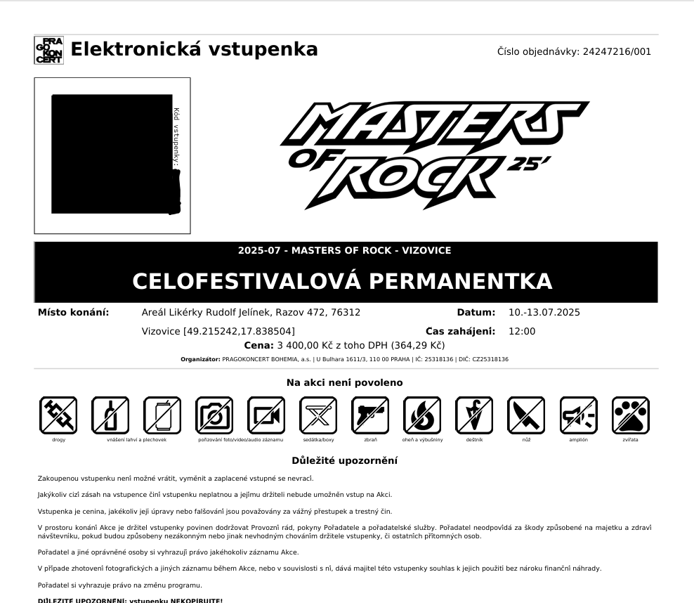 Prodám celofestivalovou vstupenku na Masters of Rock 2025
